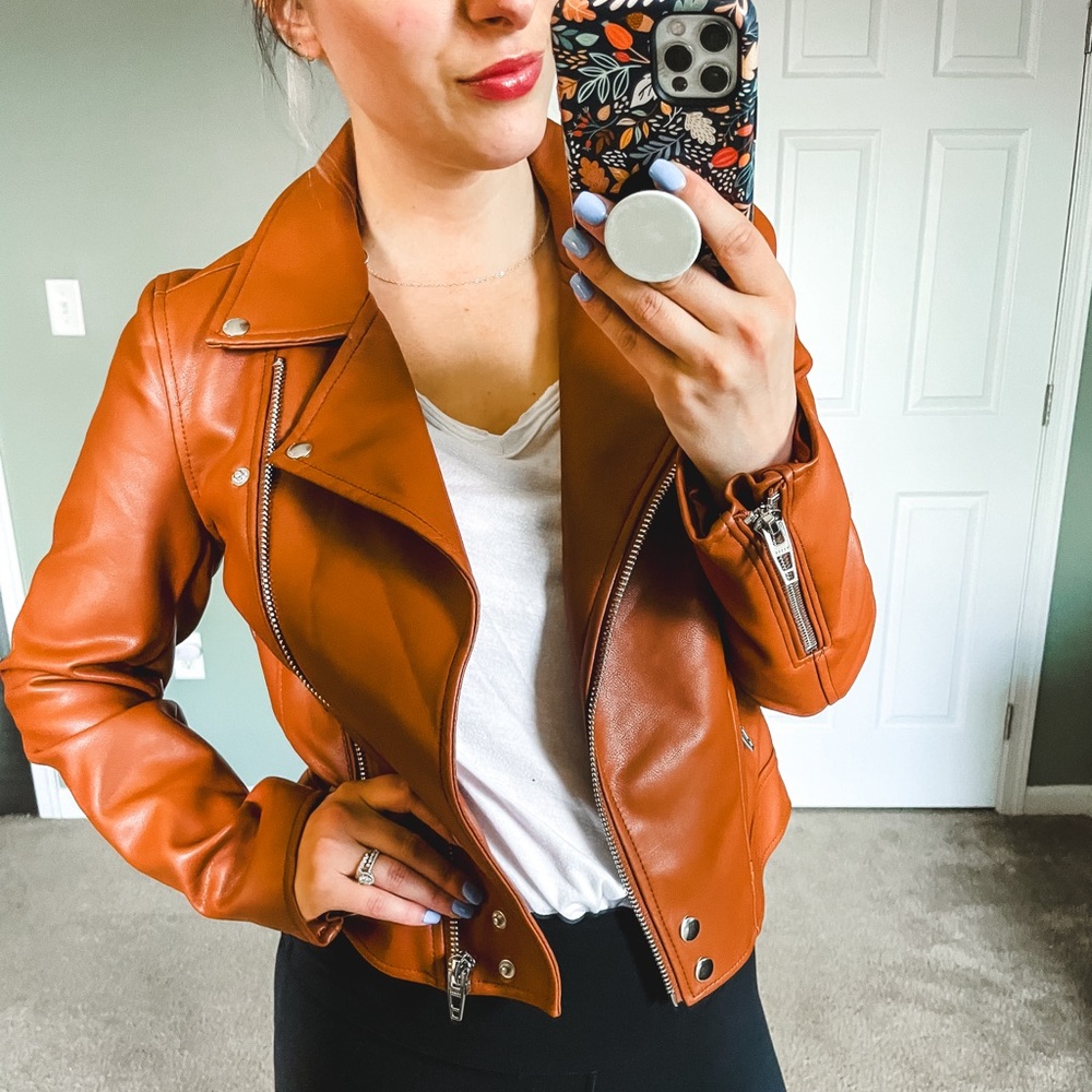 Blank NYC Faux Leather Moto Jacket Cognac XS